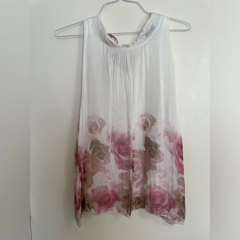 Belle France Silk Blend Rose pattern Coquette Girl Sleeveless Flowy Blouse